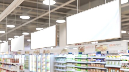 Blank advertising billboard hanging in the supermarket Blank White Supermarket Banners Hanging From Ceiling Hangers Mockup Ready For Branding Or Advertising clipping path : Generative AI