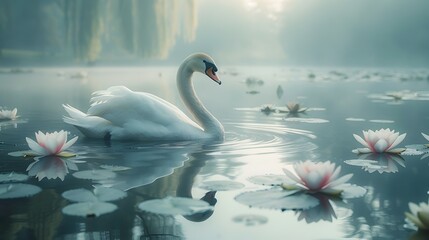 Poster - Graceful Swan Gliding Across Tranquil Pond Surrounded by Blooming Water Lilies