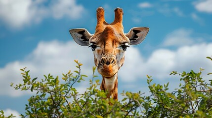 Sticker - Elegant Giraffe Nibbling Leaves Atop Tall Tree in Savannah Landscape