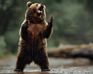 powerful grizzly bear roaring while standing on hind legs in wild forest habitat