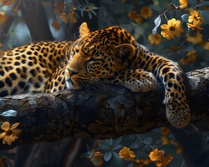 Wall Mural - Graceful Leopard Resting on Tree Branch with Golden Coat and Black Rosettes in Wildlife Scene