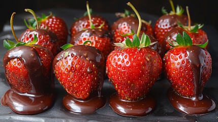 A close-up of a chocolate-covered strawberry, showcasing the glossy, rich chocolate coating and the vibrant red of the juicy strawberry beneath, evoking a sense of indulgence and temptation.