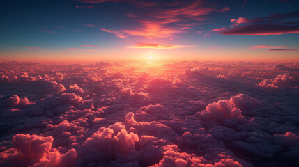 Wall Mural - Aerial view from airplane window at high altitude of little planet distant city covered with layer of thin misty smog and distant clouds in evening.