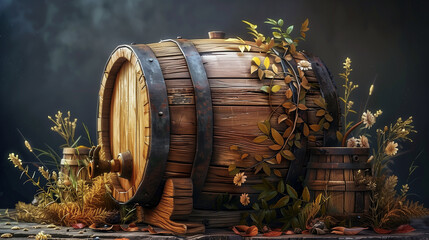 An old wooden beer barrel with a tap, decorated with leaves and flowers, set on a wooden floor. It has a classic and natural ambiance.