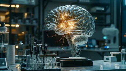 Poster - Transparent Brain in High Tech Lab Surrounded by Scientific Equipment and Glowing Softly