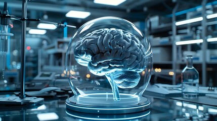Poster - transparent brain glowing in advanced scientific lab with equipment and technology