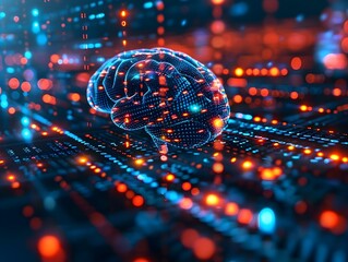 Poster - brain immersed in a digital matrix like environment with flowing data streams and codes