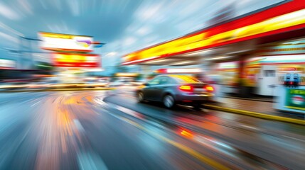 Wall Mural - Night Drive: Car Moving Fast Toward Gas Station, Enhanced with Motion Blur