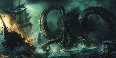 Wall Mural - Dramatic Fantasy Illustration of a Kraken Tentacle Monster Attacking a Pirate Ship on the High Seas, Featuring a Theatrical Background Setting, High-Resolution AI-Generated Wallpaper and Background.