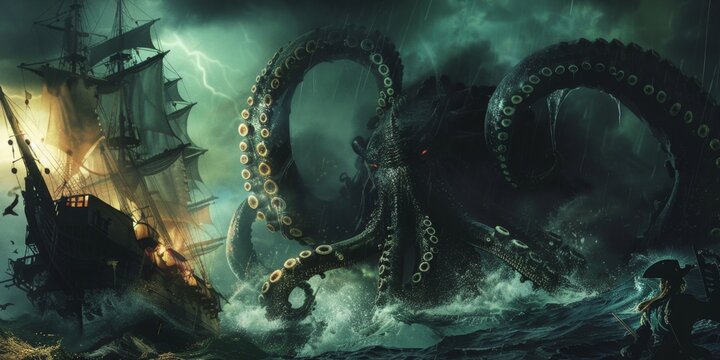 dramatic fantasy illustration of a kraken tentacle monster attacking a pirate ship on the high seas,