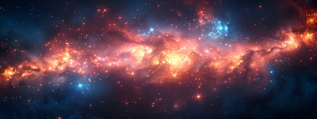 Deep space cosmic nebula with vibrant colors of orange, blue, and yellow. Banner with copy space. Stars and galaxies create inspiring universe view. Concept of science and space themes