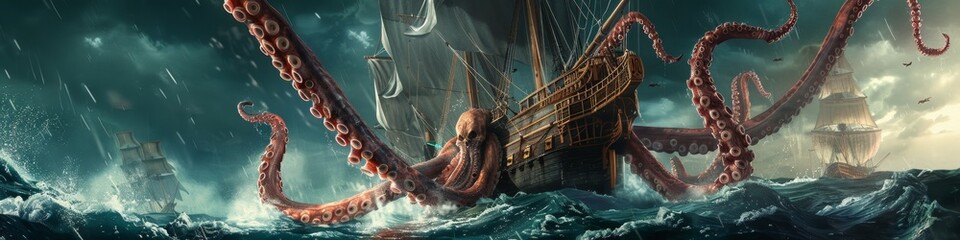 Wall Mural - Dramatic Fantasy Illustration of a Kraken Tentacle Monster Attacking a Pirate Ship on the High Seas, Featuring a Theatrical Background Setting, High-Resolution AI-Generated Wallpaper and Background.