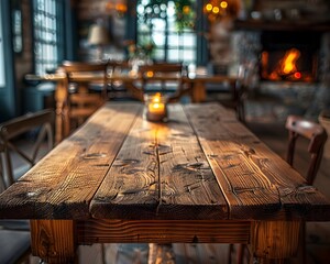 Canvas Print - Cozy Wooden Table in a Warm and Inviting Cabin Setting with Copy Space for Product Display