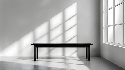 Poster - Minimalist Black Table in Bright White Room Contrasting Stark Empty Display for Product Concept