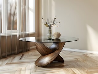 Poster - stylish round glass table in contemporary living room with copy space