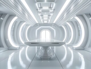 Poster - Futuristic Minimalist White Room with Clean Empty Table for Product Concept Display