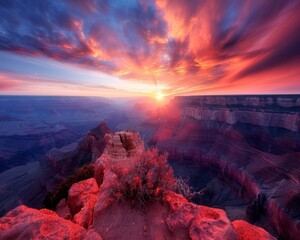 Stunning sunset over the Grand Canyon, showcasing vibrant red and purple hues reflecting off the majestic rock formations and expansive landscapes.