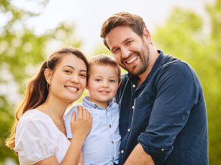 Poster - Portrait, happy and family with child outdoor park together for bonding, love and support on summer vacation. Woman, man and kid smile with care, trust and respect for childhood memory on holiday