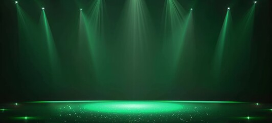 Wall Mural - green background with glowing lights, dark green gradient stage backdrop