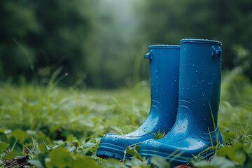 blue rain boots in the garden with green grass. spring background banner for gardening work or nature activities