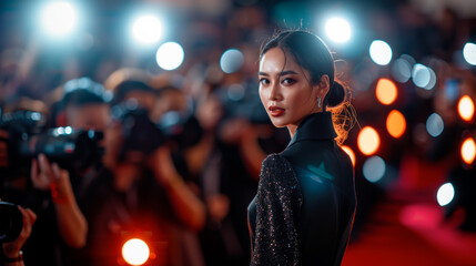 Asian actress on red carpet during a film festival, press filming