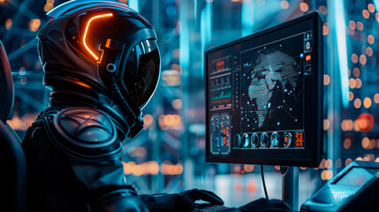 Poster - Man in space suit in futuristic control room