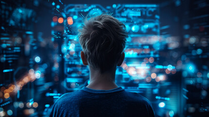 Poster - Young cyberpunk in futuristic control room