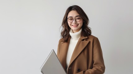 Poster - Professional woman with glasses holding a laptop against a neutral background. This stock photo embodies modern business elegance. Suitable for corporate, business, and professional presentations. AI