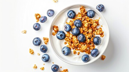 Top view of a healthy and delicious breakfast with fresh blueberries and crunchy granola. Clean and minimalist food photography perfect for blogs, recipes, and advertisements. AI
