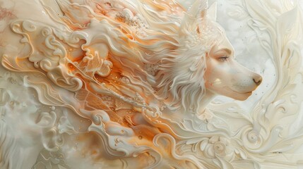 Wall Mural - A white dog with orange hair is blowing out flames
