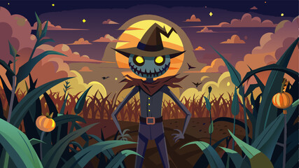 Wall Mural - Animated spooky scarecrow in a corn field on halloween night. atmospheric chilling background.