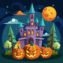 Wall Mural - Halloween background with pumpkins and castle, 3d render illustration