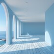 © EmPics - Minimalist blue empty room with white arches and wooden floor with ocean view, showcasing serene coastal interior design and natural lighting, empty wall