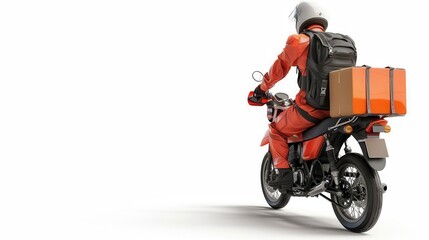 orangeuniformed delivery rider on a motorcycle, storage box on back, driving on the road, rear view, detailed digital art, isolated on white background