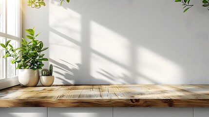 Wall Mural - Bright Minimalist Kitchen with Natural Wood Accents and Empty Table for Product Concept Display
