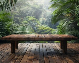 Sticker - Outdoor Wooden Table on Deck Overlooking Lush Green Landscape Nature Scene for Product Display