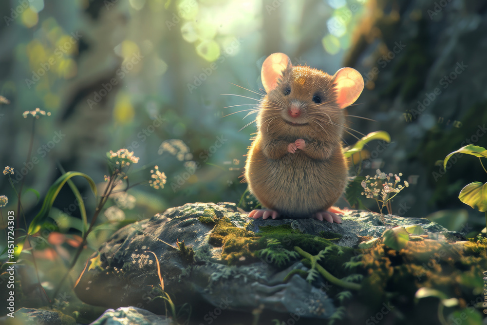 cute little mouse character sitting on a rock in a magical forest Stock ...