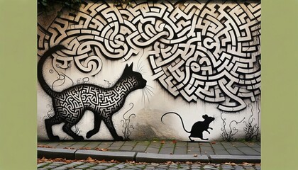 Wall Mural - A detailed street art scene featuring silhouettes of a cat and a mouse navigating a complex maze drawn on the wall.