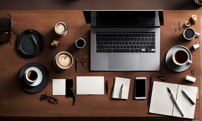 Top view of a stylish workspace with a laptop, smartphone, coffee cup, and various office supplies neatly arranged on a wooden desk