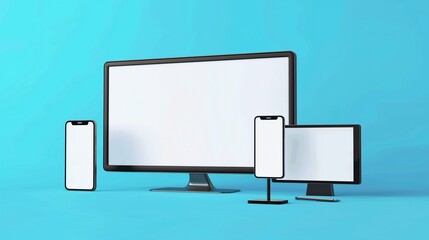 Wall Mural - A Blank Cellphone, Tablet And Desktop Computer On A Table.