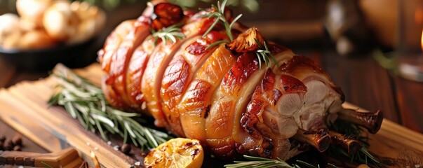 Wall Mural - A view of roasted pork laid on green leafy lettuce.