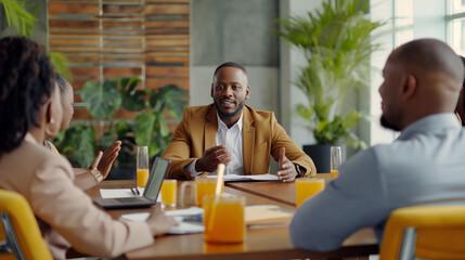 Wall Mural - Black businessman passionately speaking to his team, who are seated around a modern conference table, taking notes and smiling.