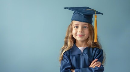 Wall Mural - Cheerful kindergarten graduate, clear copy space, aerial view, soft lighting isolated on soft plain pastel solid background