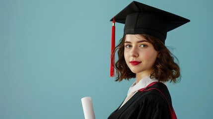 Graduate with diploma, clear background, wide frame, morning illumination isolated on soft plain pastel solid background