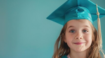 Wall Mural - Kindergarten graduate, clear background, wide frame, soft spotlight isolated on soft plain pastel solid background