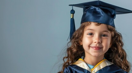 Canvas Print - Smiling child in graduation robe, plain background, panoramic shot, festive lighting isolated on soft plain pastel solid background