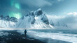© Matthew - Amazing view of green aurora borealis shining in night sky over snowy mountain ridge with black sand stockness beach and vestrahorn mountain in background in iceland.