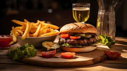 Wall Mural - Beef burger with cheese vegetables with Coke fries food photography poster background