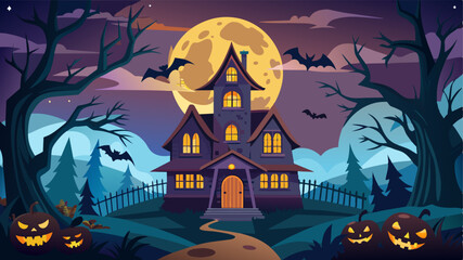 Wall Mural - Halloween night with a spooky house and bats, halloween background