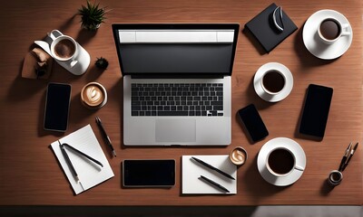 Top view of a stylish workspace with a laptop, smartphone, coffee cup, and various office supplies neatly arranged on a wooden desk
